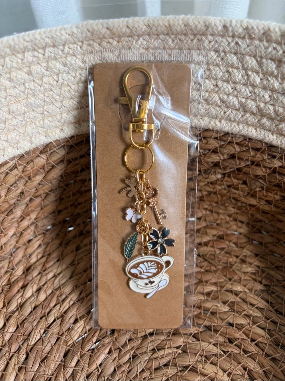 Gold-Tone Coffee Cup Charm Keychain with Beige & Green Accents